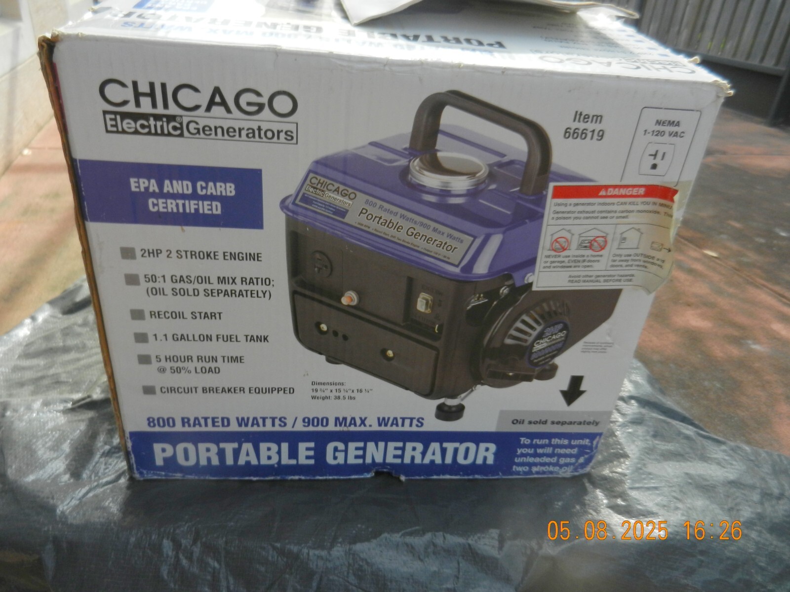 Generator-CHICAGO Electric Portable Generator 2HP 800/900W 5 Hour Run Time-USED