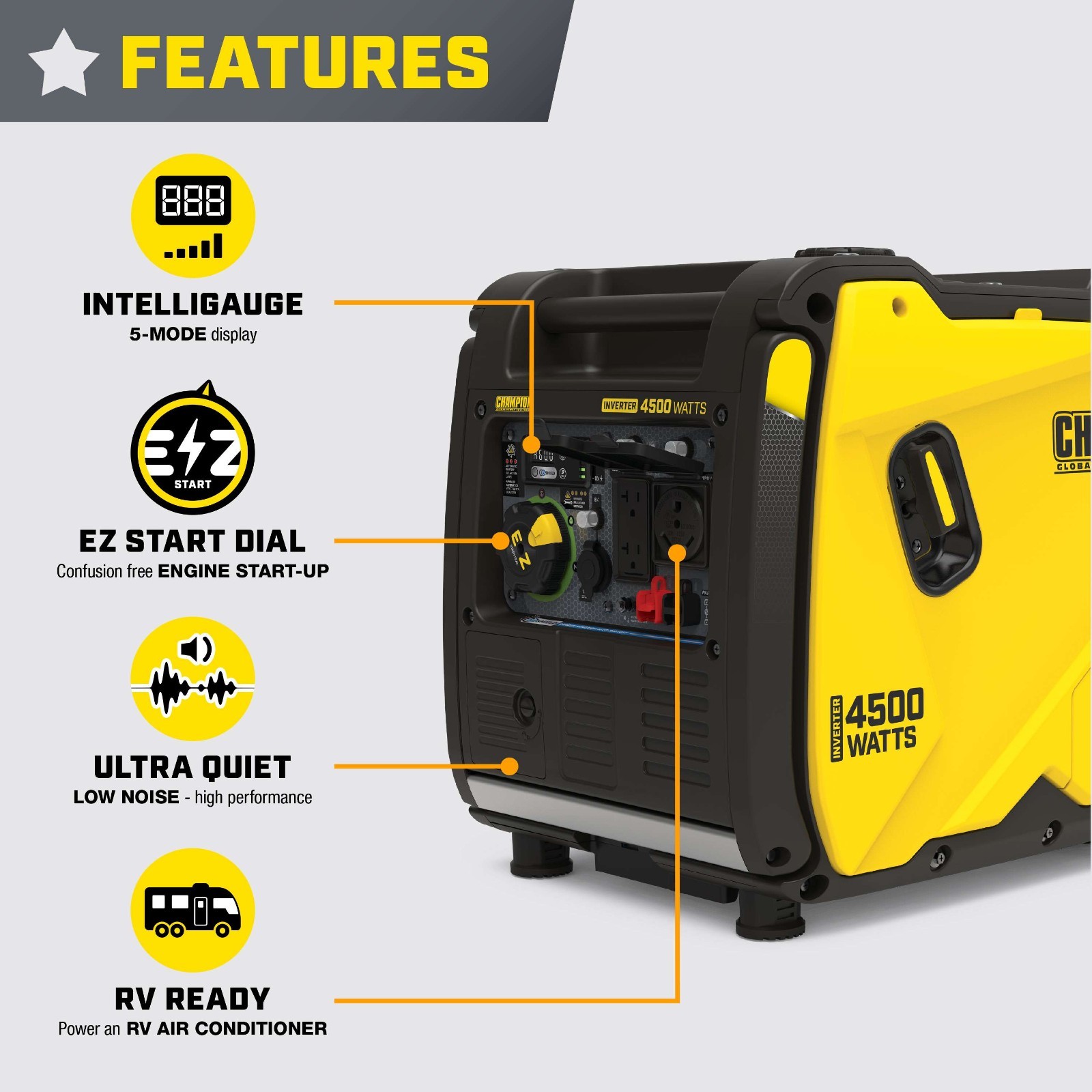 201318 – Champion 4500-Watt Portable Inverter Generator with CO Shield® – NEW