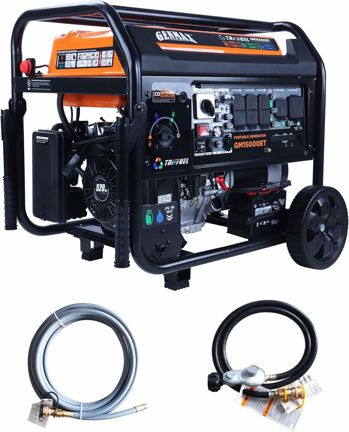 GENMAX 15,000-W Portable Tri-Fuel Home Backup Generator, Remote Start, CO Sensor