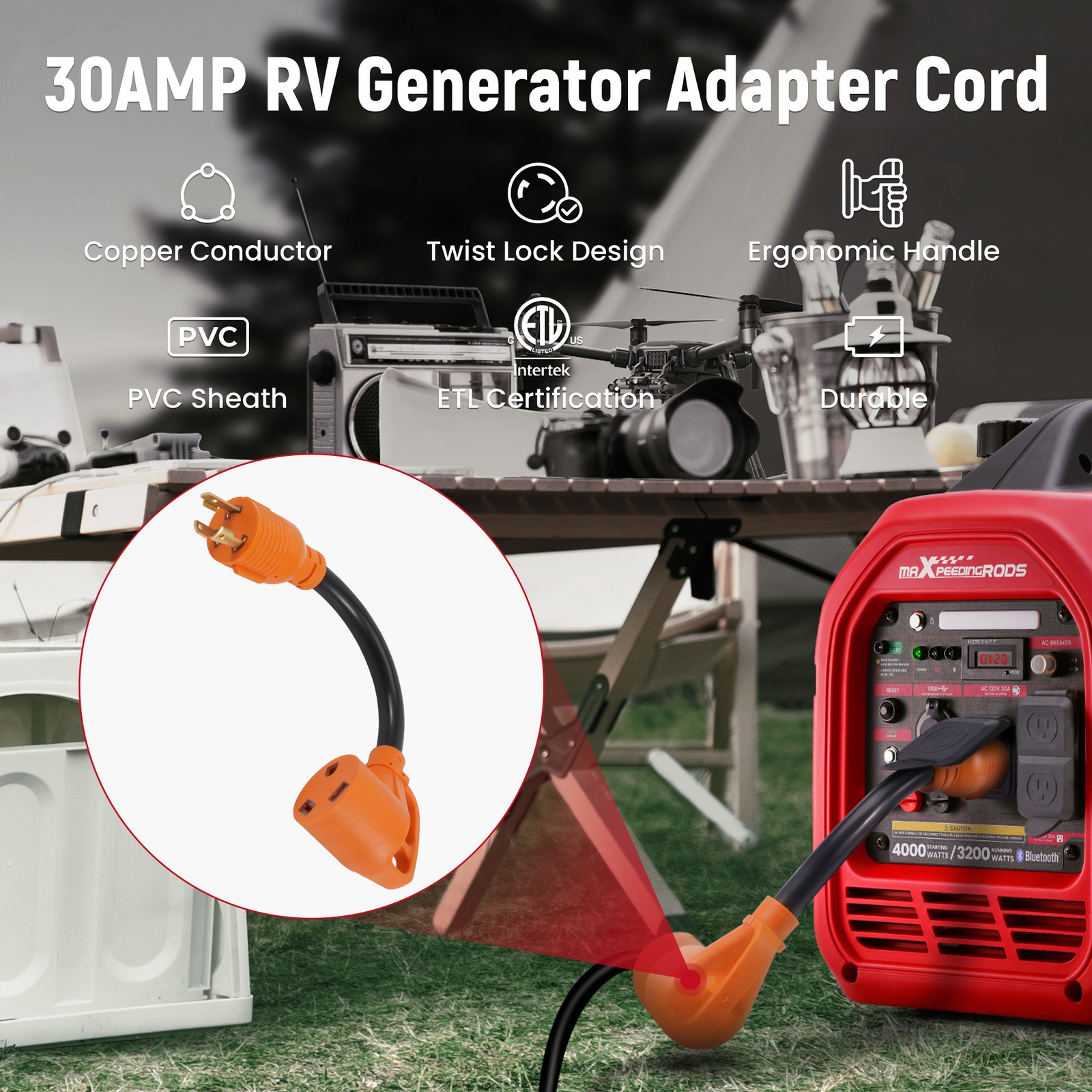 4KW Inverter Gas Generator Bluetooth Data Monitor + L5-30P to TT-30R Adapter