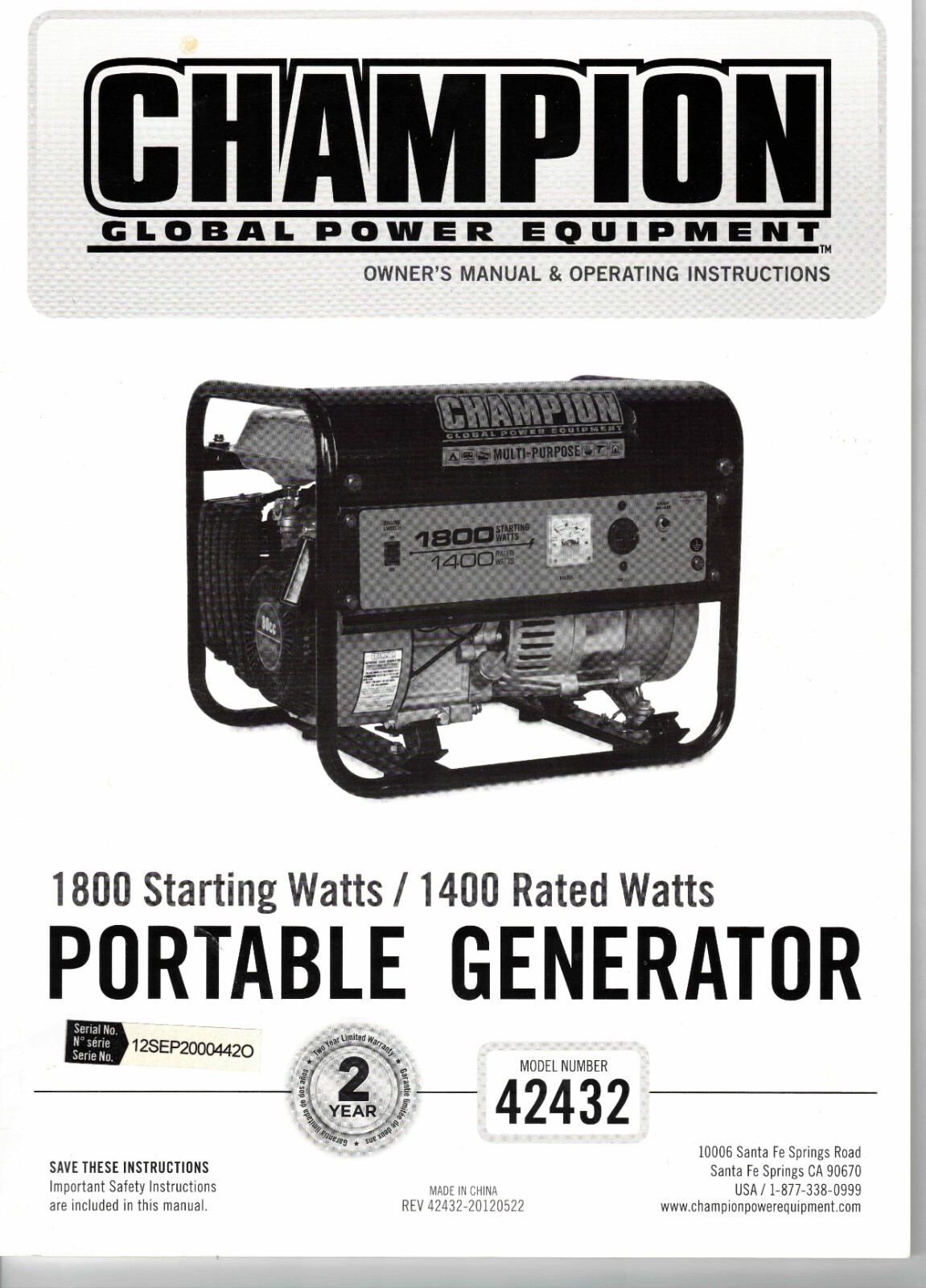Champion Power Generator Owner’s Manual Operating Instructions Model 42432