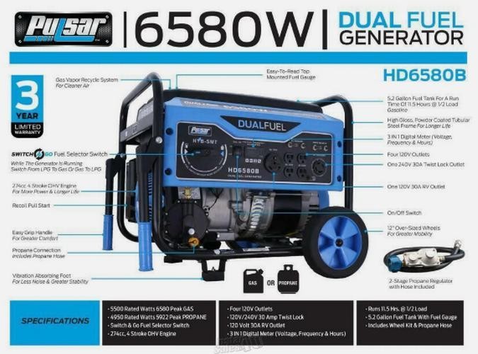 Pulsar 6580W Portable RV Ready Dual Fuel Gas Powered Generator Wheel Kit HD6580B