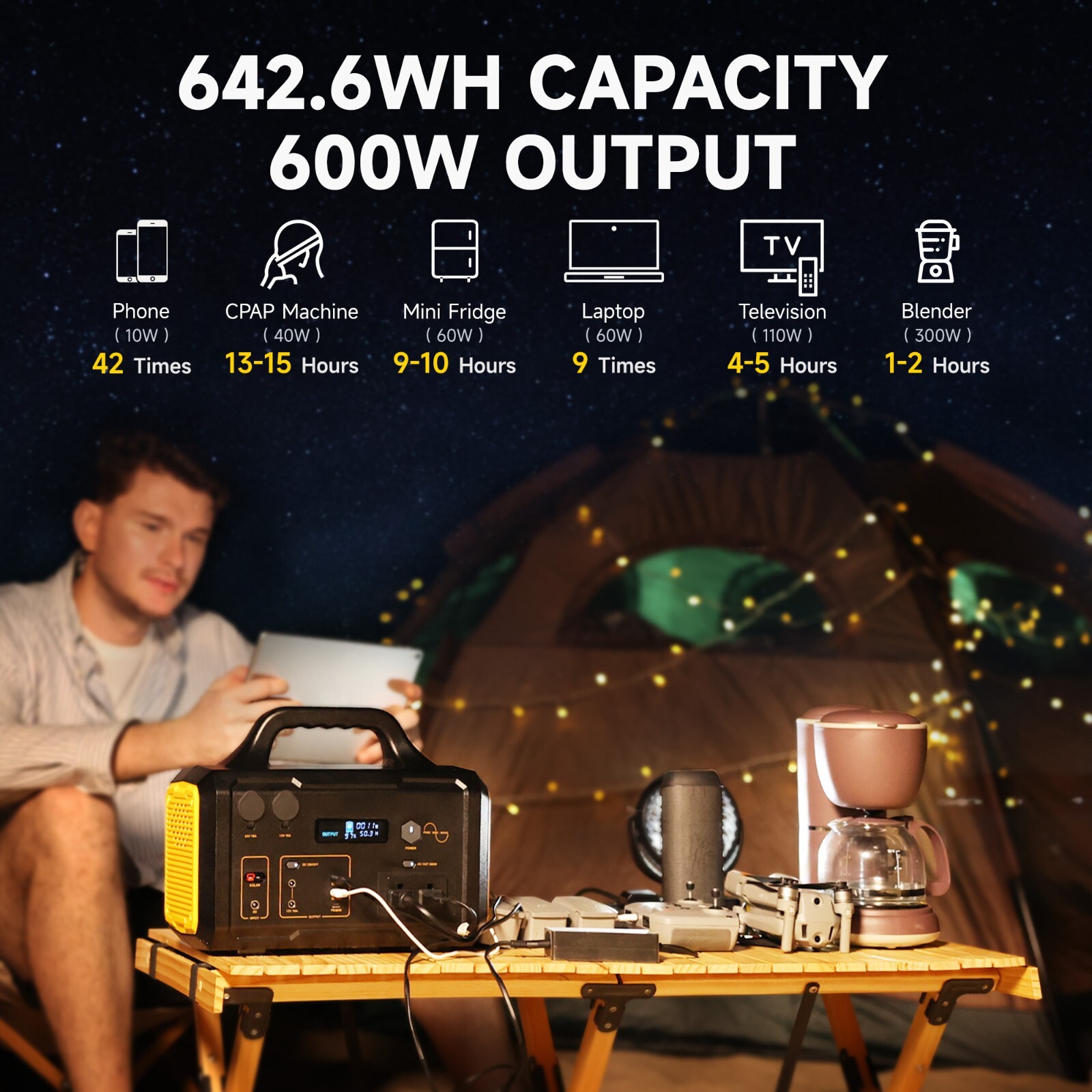 600W Portable Power Station 655Wh Solar Generator Backup Battery for Camping