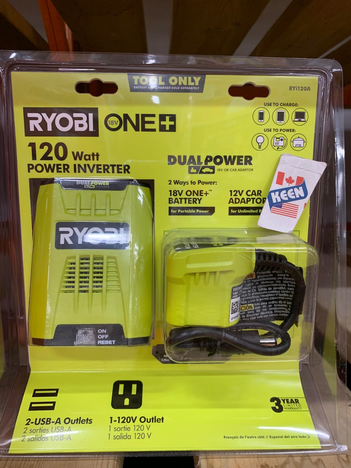 RYOBI CANADA 18V 120-Watt 12V Automotive Power Inverter with Dual USB Ports