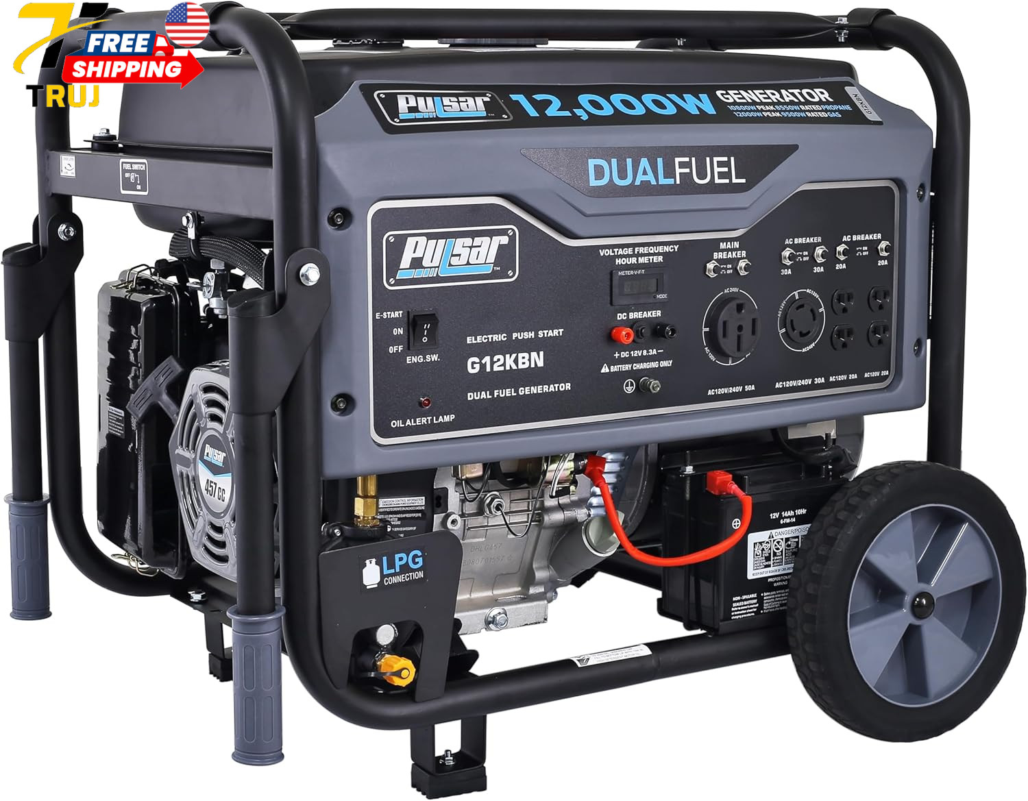Pulsar G12KBN Heavy Duty Portable Dual Fuel Generator 9500 Rated Watts & 12000 P