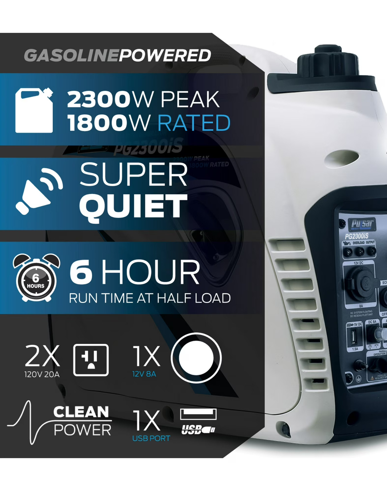 Pulsar 2300w Portable Quiet Gas Powered Inverter Generator with USB PG2300iS 🟢
