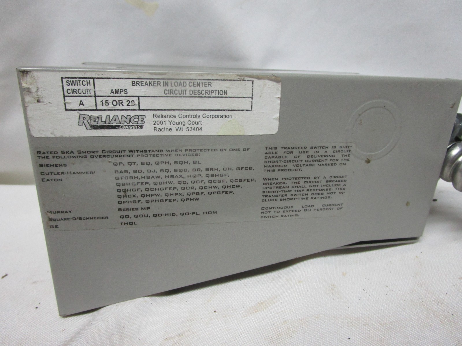 Reliance TF151W 15A Easy Tran Furnace Transfer Switch