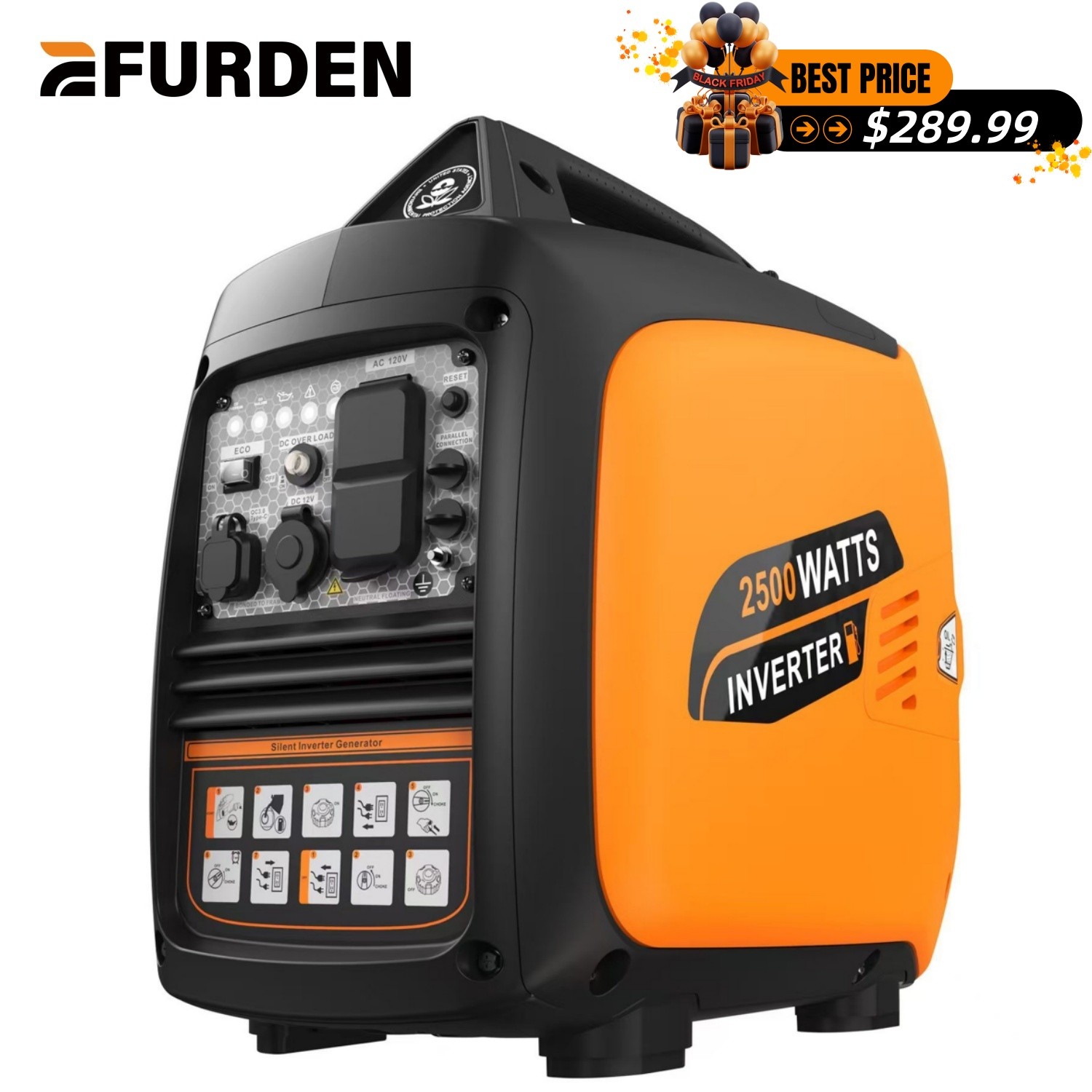 Efurden Portable Inverter Generator 2500-Watt Gas Powered Quite EPA Compliant