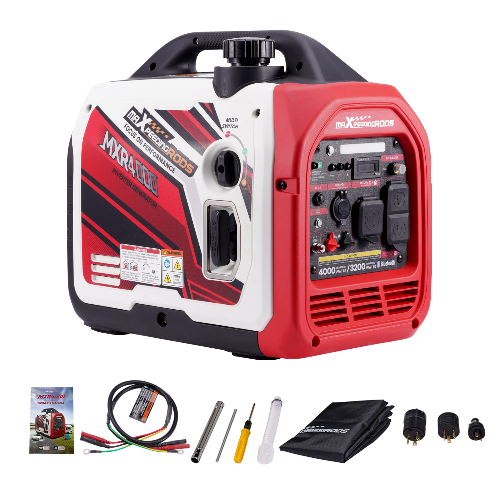 Portable Generator Inverter 4000W/3200W Recoil Start Gasoline Power w/ Bluetooth