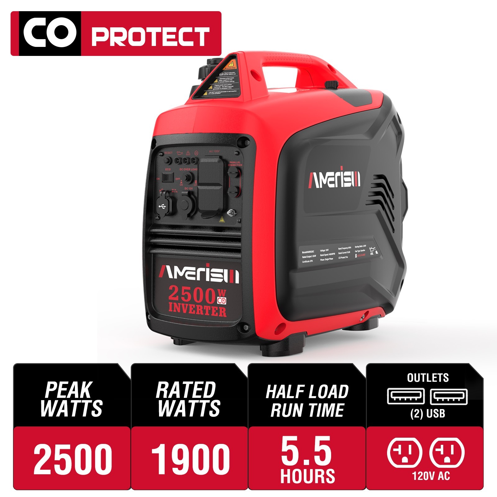 Amerisun 2500W Gas Portable Inverter Generator, 5.5H Runtime, CO Detect, Compact