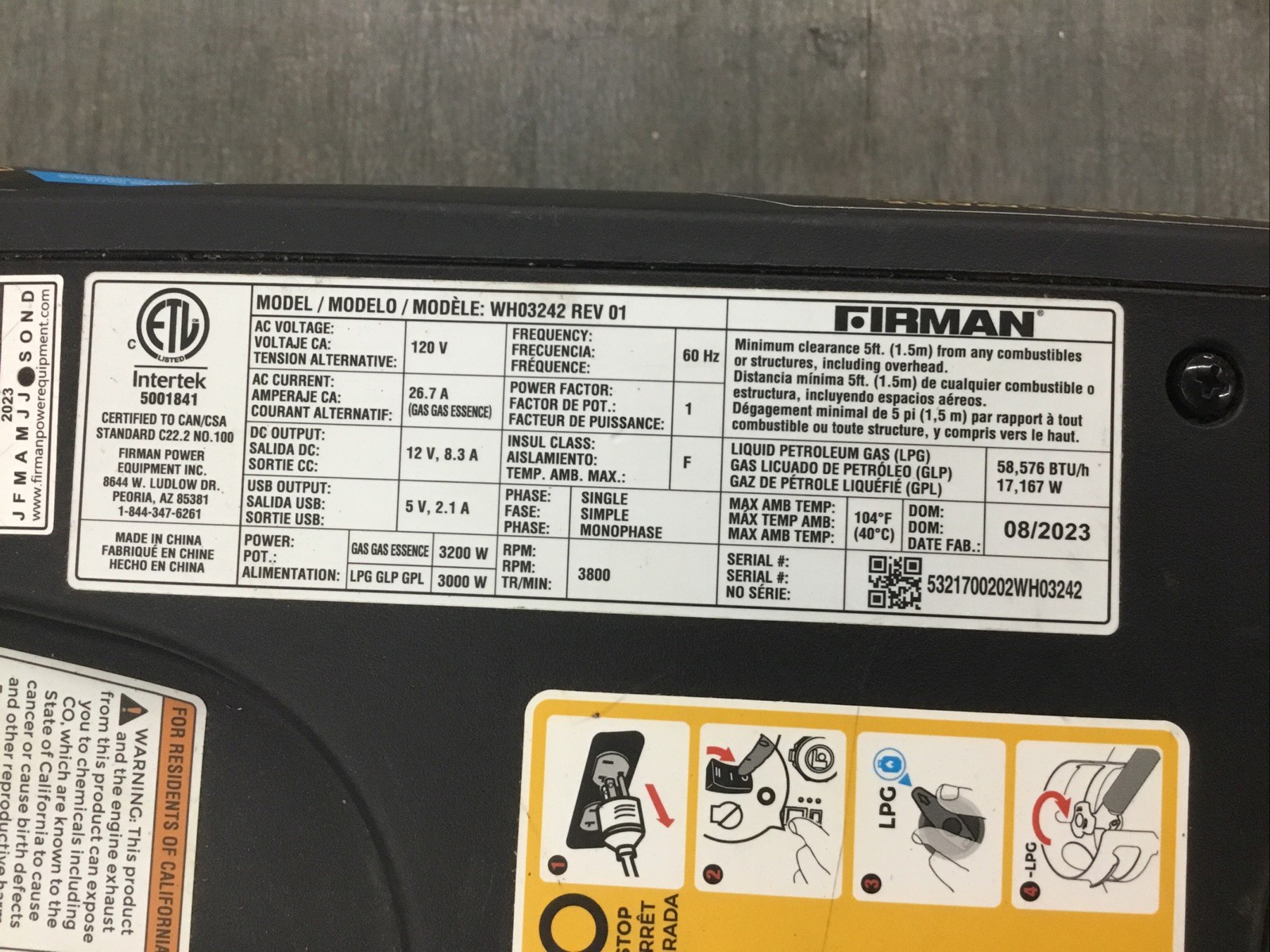 Firman Inverter Generator 3200W Running / 4000W Peak. Dual Fuel Camper Generator