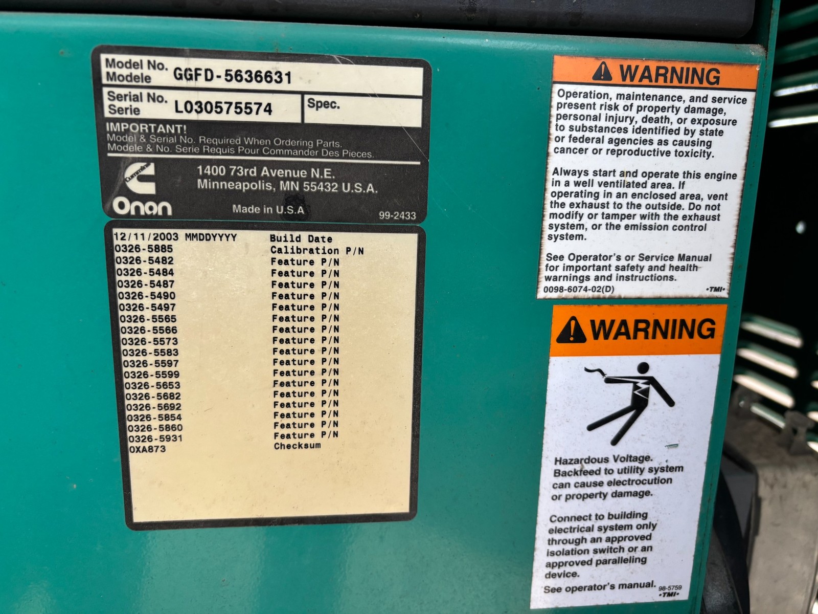 Cummins KW:35 Volts:120/240 AMPS:121.4 KVA:43.7 HRS:801 GGFD-563663