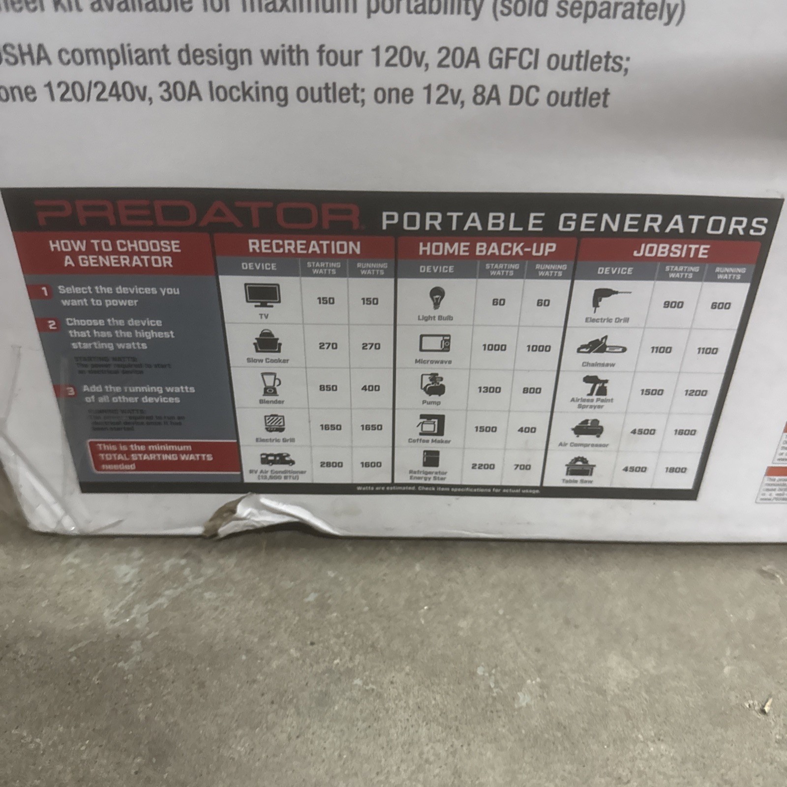 PREDATOR 4375 Generator Watt Gas-Powered Portable NEW 4375/3500 16 Hr Run Time