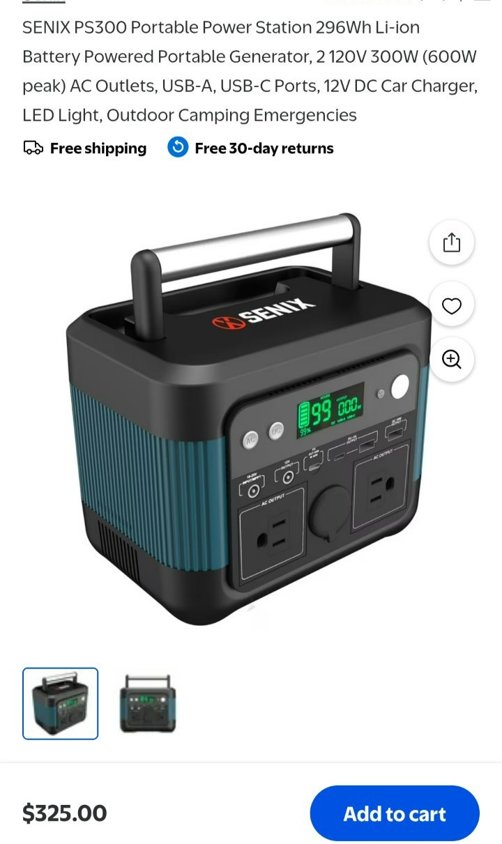 Senix ps300 portable power 300W(600W peak) AC, USB a, c 12v DC car charger,