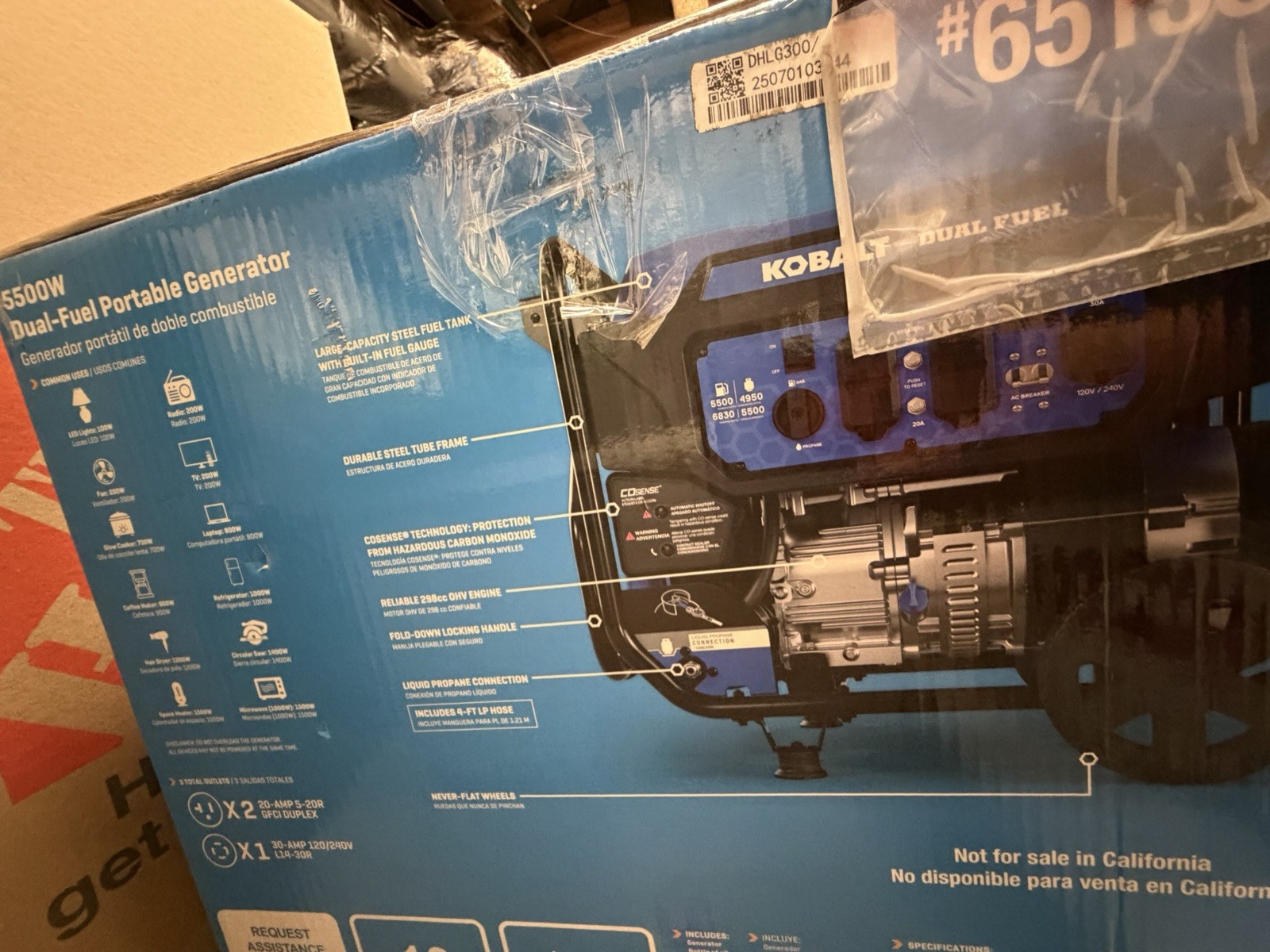Kobalt 49 State 6830 Starting / 5500 Running Watt Dual fuel Portable Generator