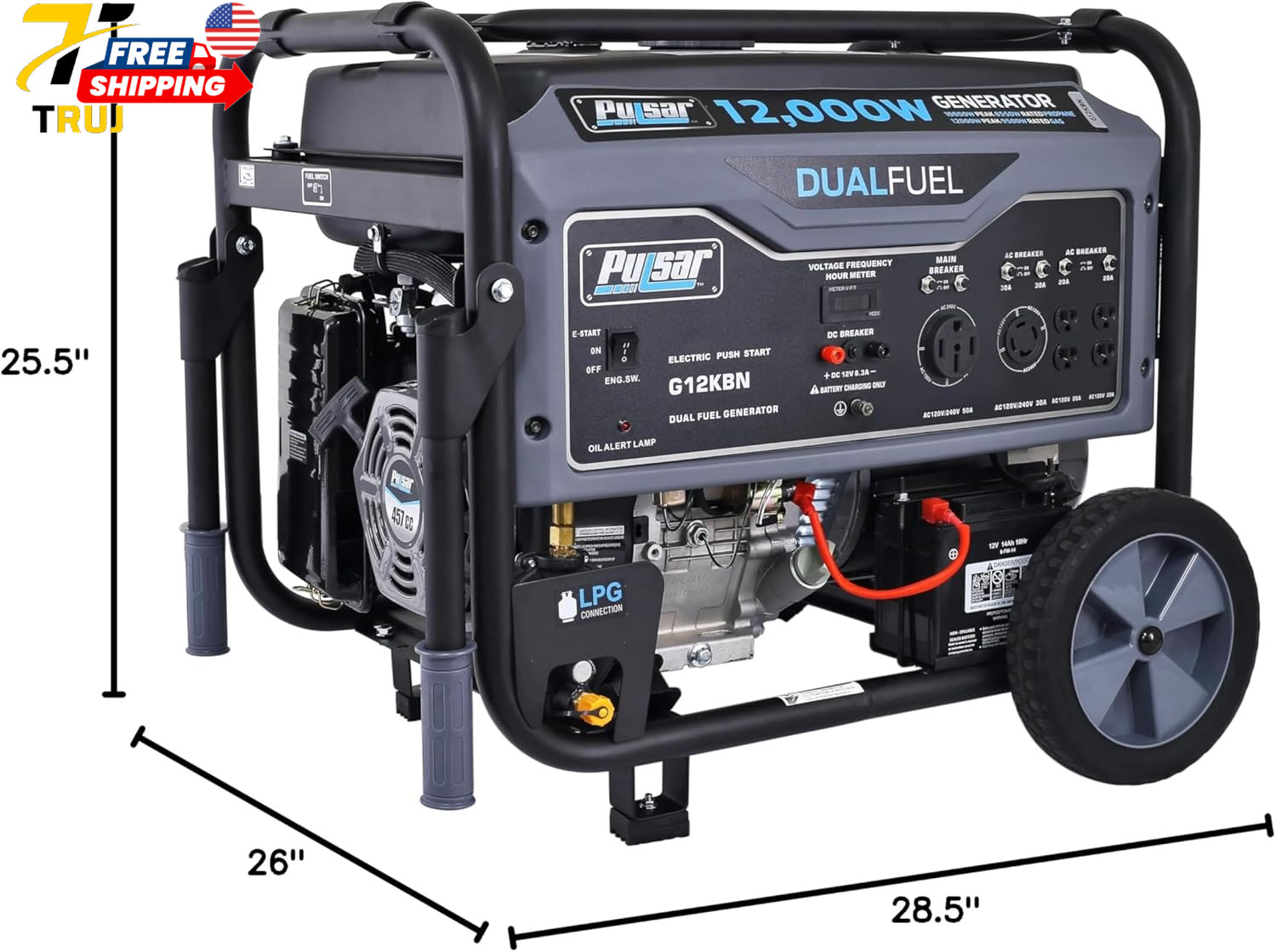 Pulsar G12KBN Heavy Duty Portable Dual Fuel Generator 9500 Rated Watts & 12000 P