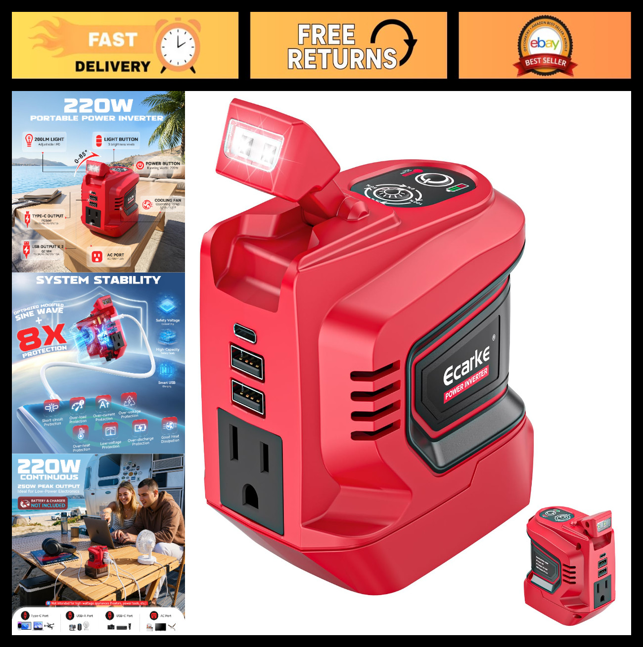 220W Portable Power Inverter for Milwaukee 18V Battery, AC 110V, 2 USB-A, Type-C