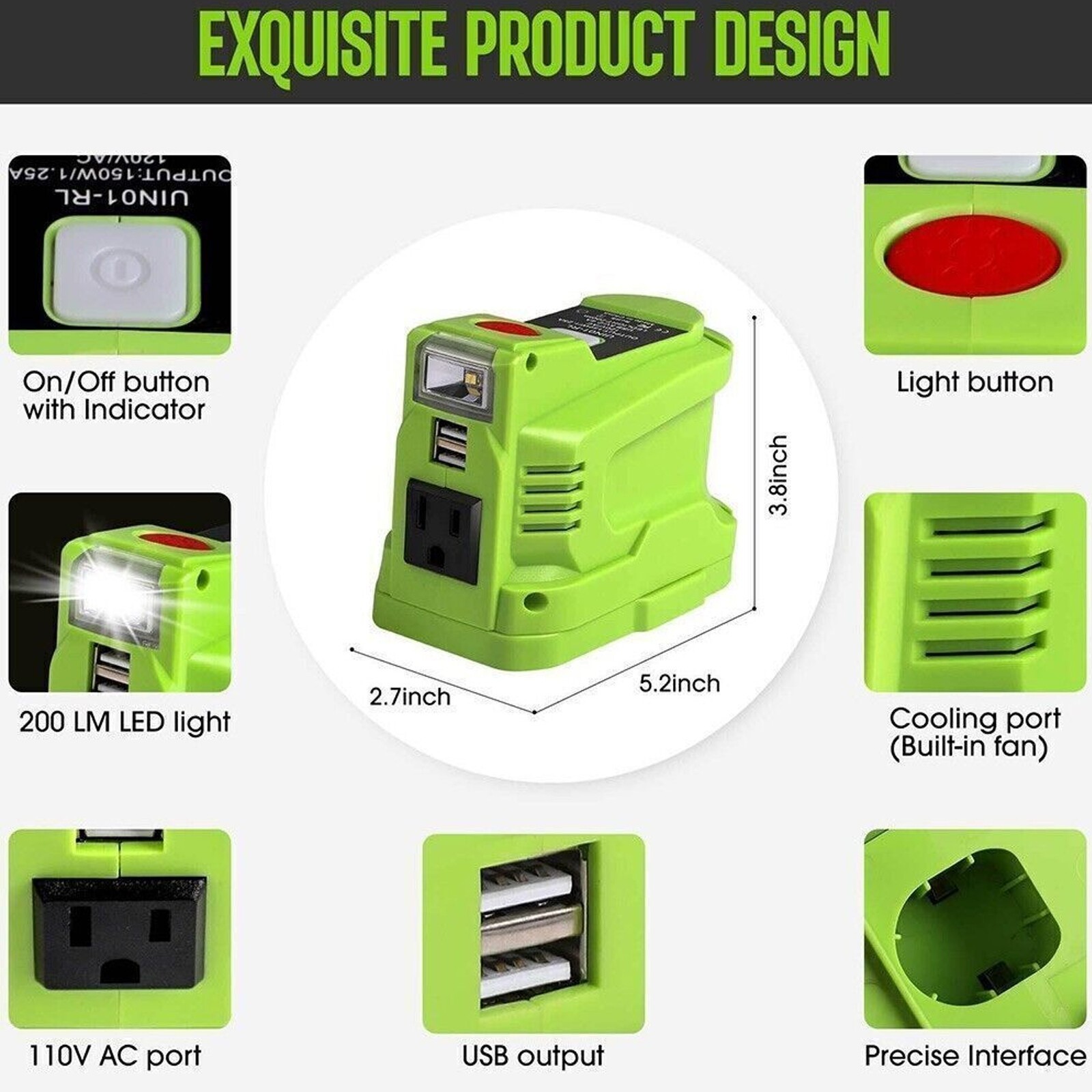 Dual USB 200LM LED 150W 120V/AC Power Supply Inverter fits Ryobi 18V Battery