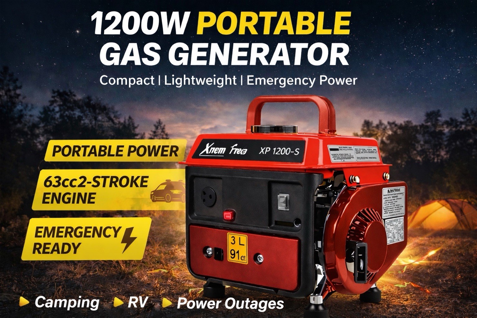 Xrem Free XP 1200-S Portable Gas Generator 1200W 3L Emergency Ready Camping RV