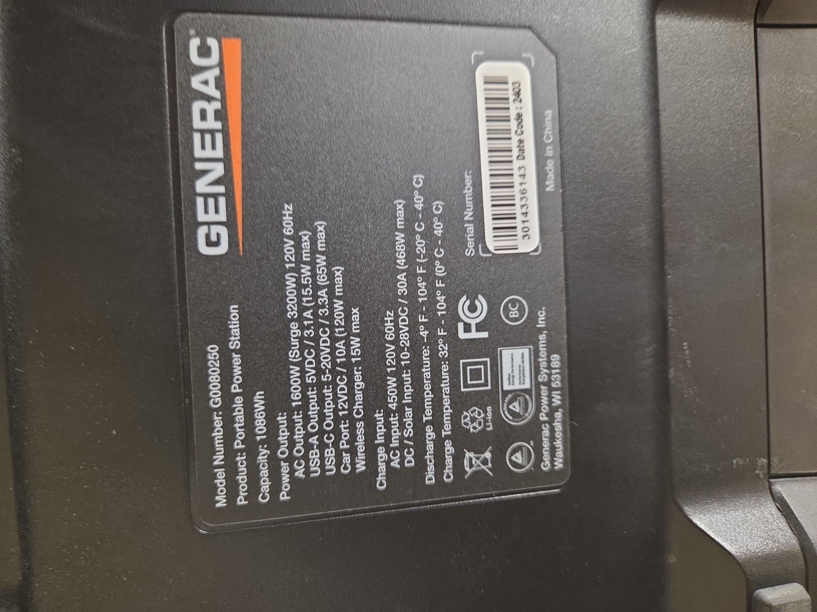 NEW!! Generac 1600W Output/3200W Surge 1086Wh Portable Power Station – G0080250
