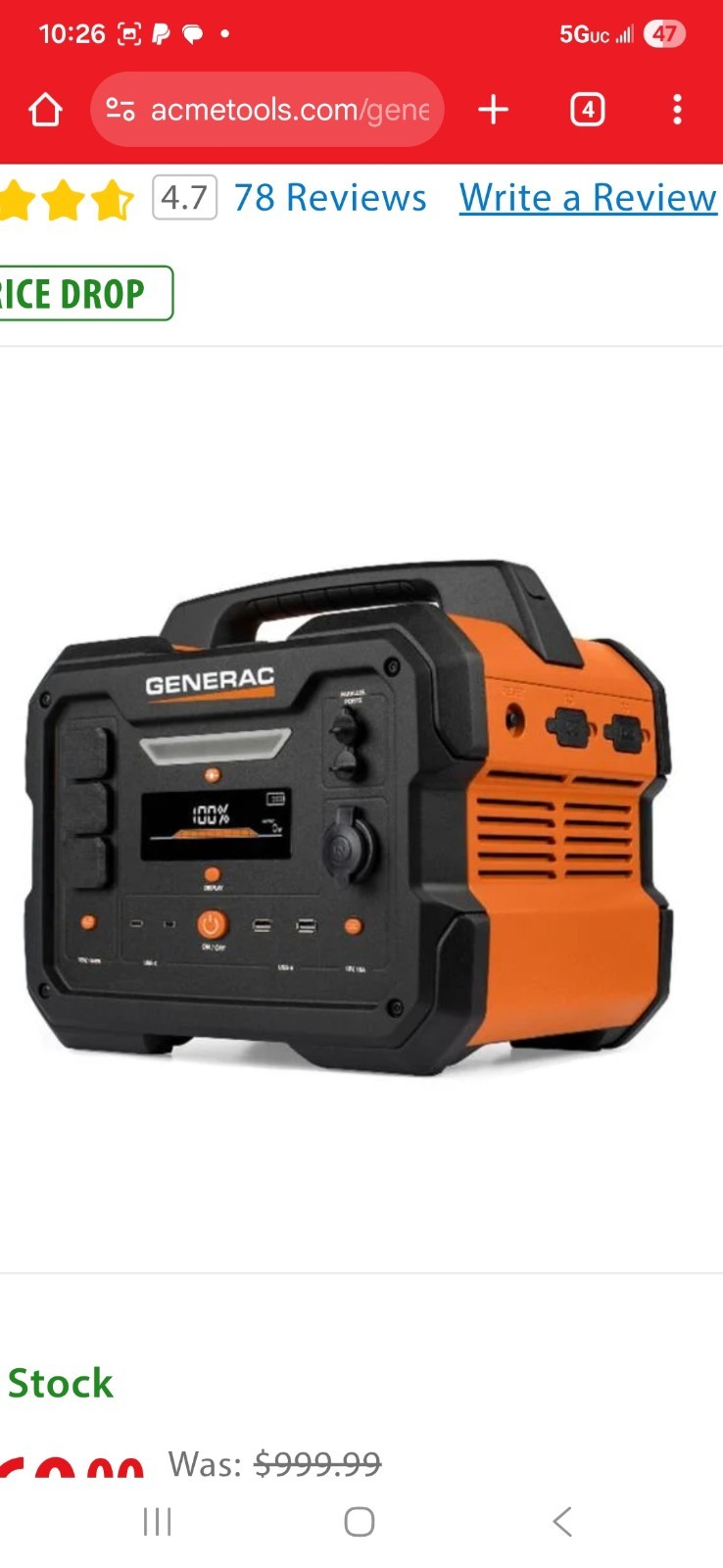 Generac Portable Power Generator Dual Color Orange Black Outdoor Home Backup