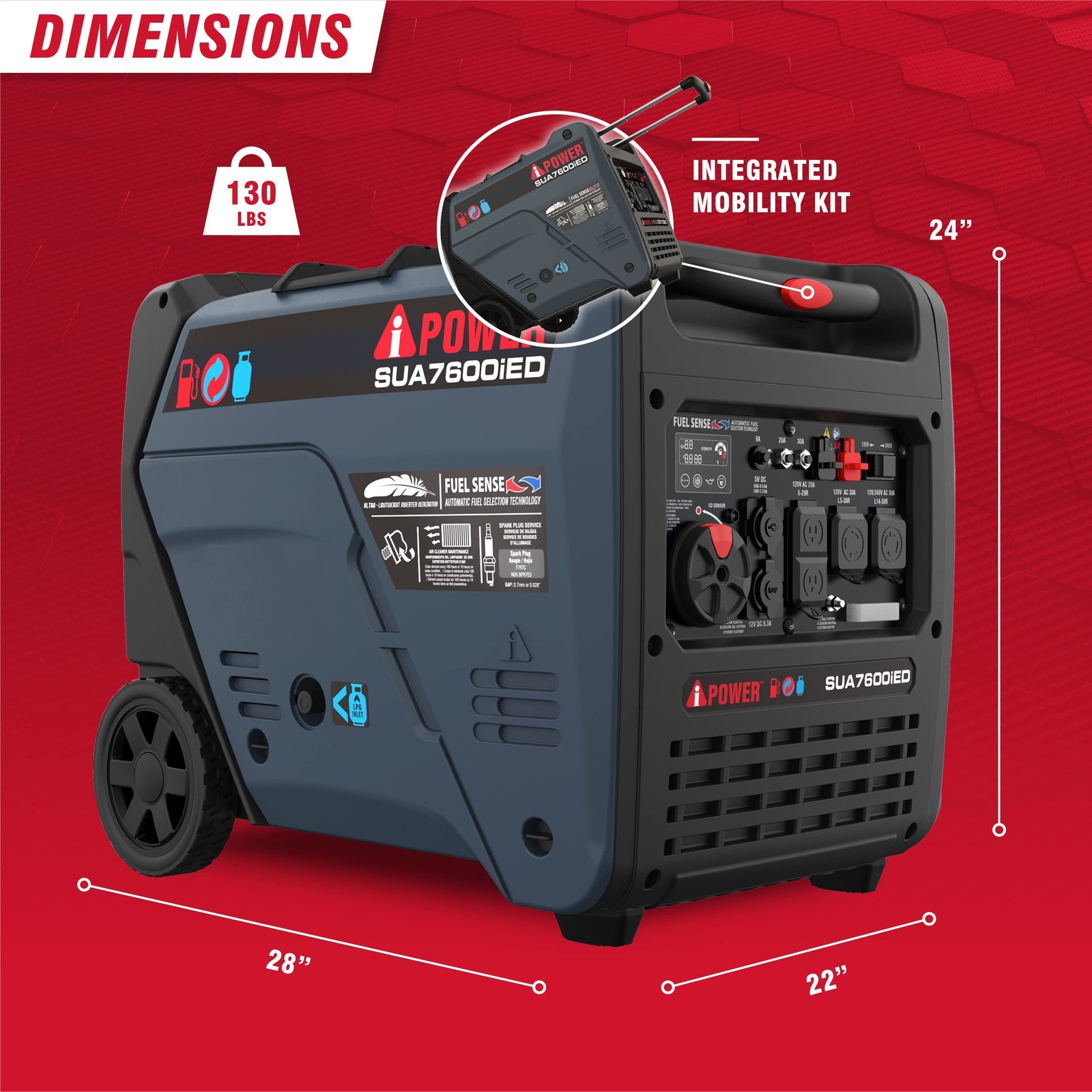 A-iPower 7600W Dual Fuel Quiet Portable Inverter 28″L x 22″W x 24″H, Gray