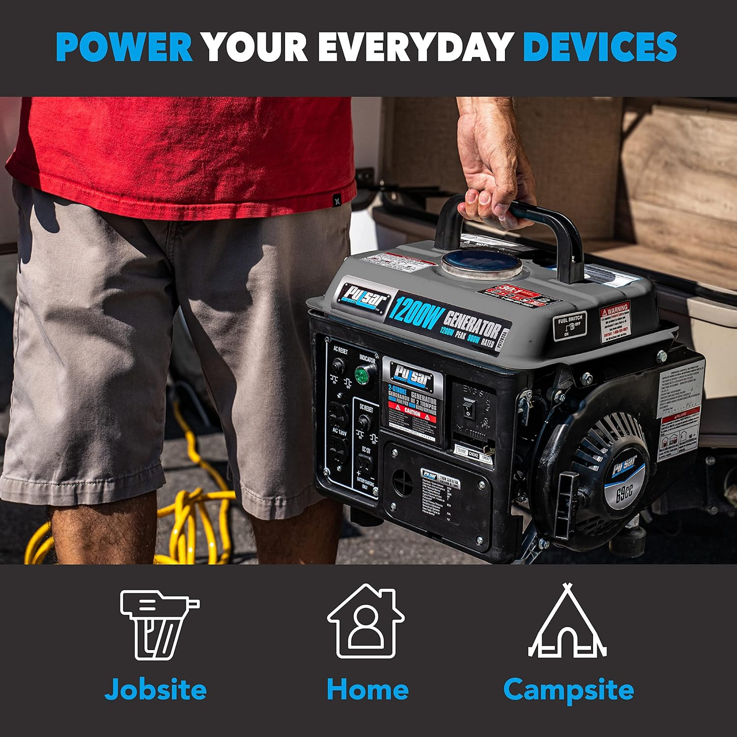 Pulsar G1200SG 1,200W Carrying Handle Gas-Powered Portable Generator, 1200W, Bla