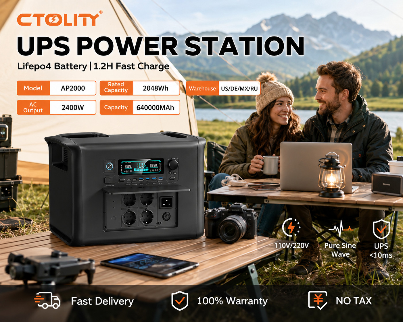 CTOLITY AP2000 2400W Portable Power Station 2048Wh LiFePO4 Solar Generator