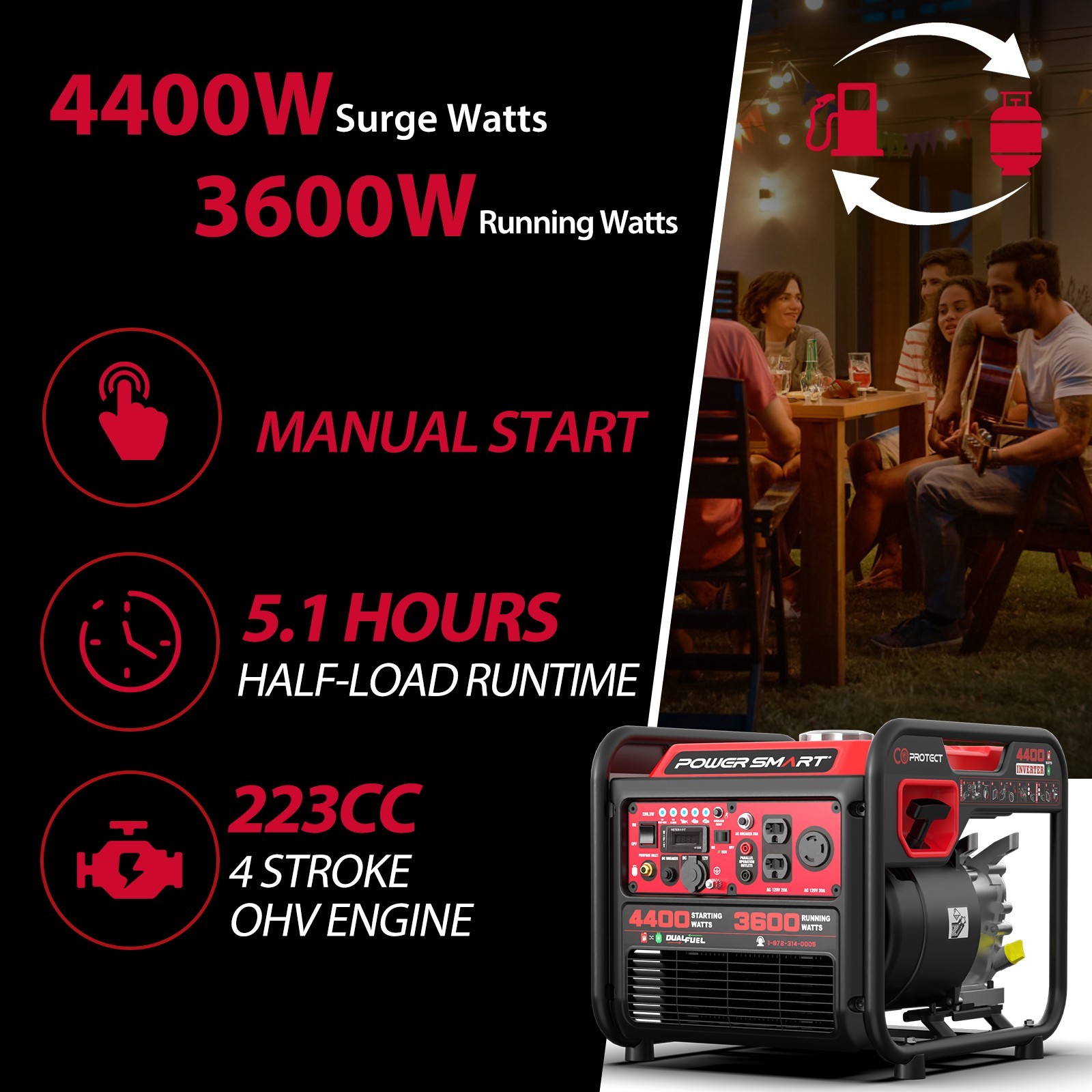 4400 Watt Portable Dual Fuel Generator, 30 Amp for Home Use and Emergency Backup
