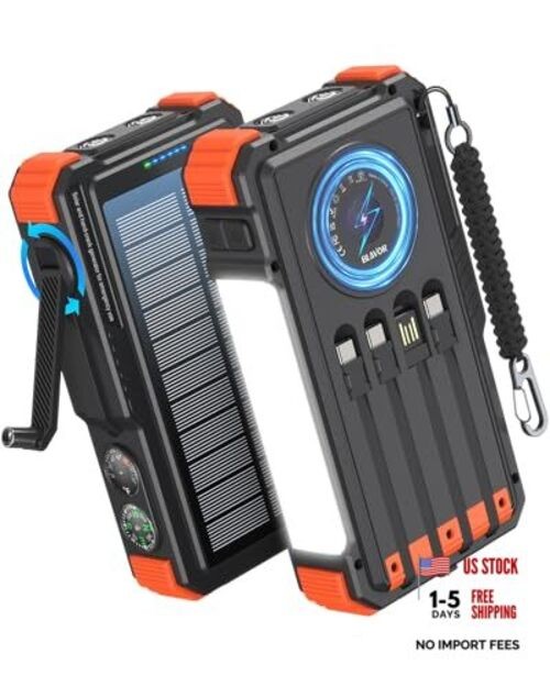 Solar Power Bank with Hand Crank and 4 Cables, 20000mAh Wireless Orange