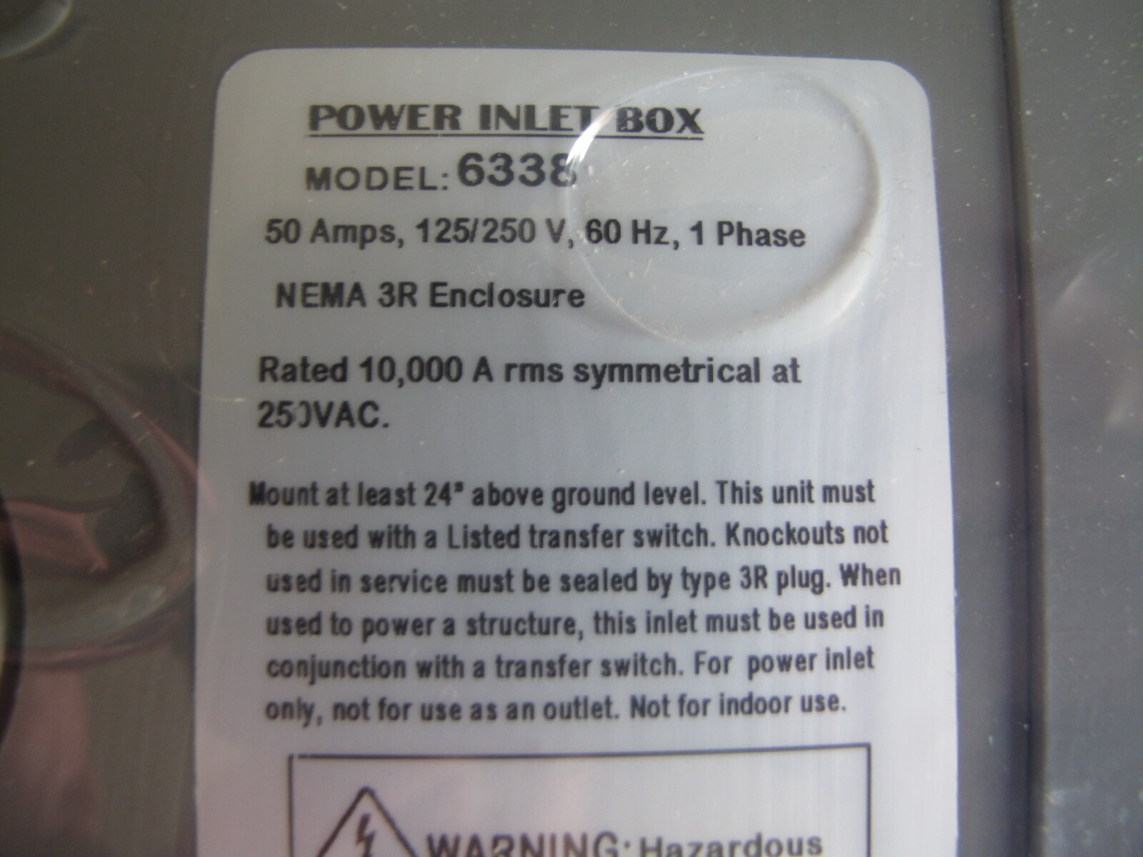 (1) NEW Generac 6338 50 Amp Outdoor Power Inlet Box Plastic CS6365 3R 125/250V