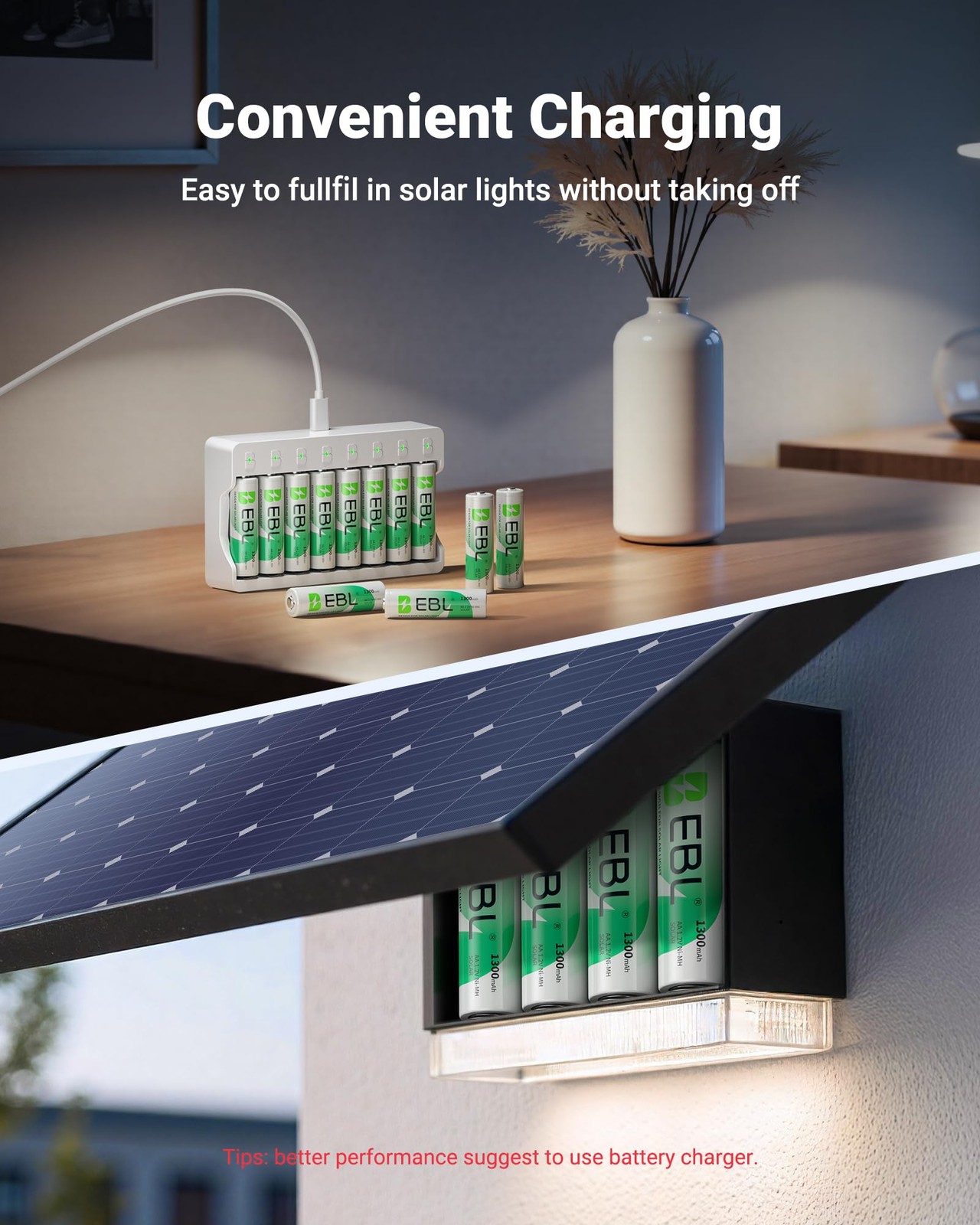 EBL Solar AA Battery Rechargeable Batteries for Outdoor 12 Count