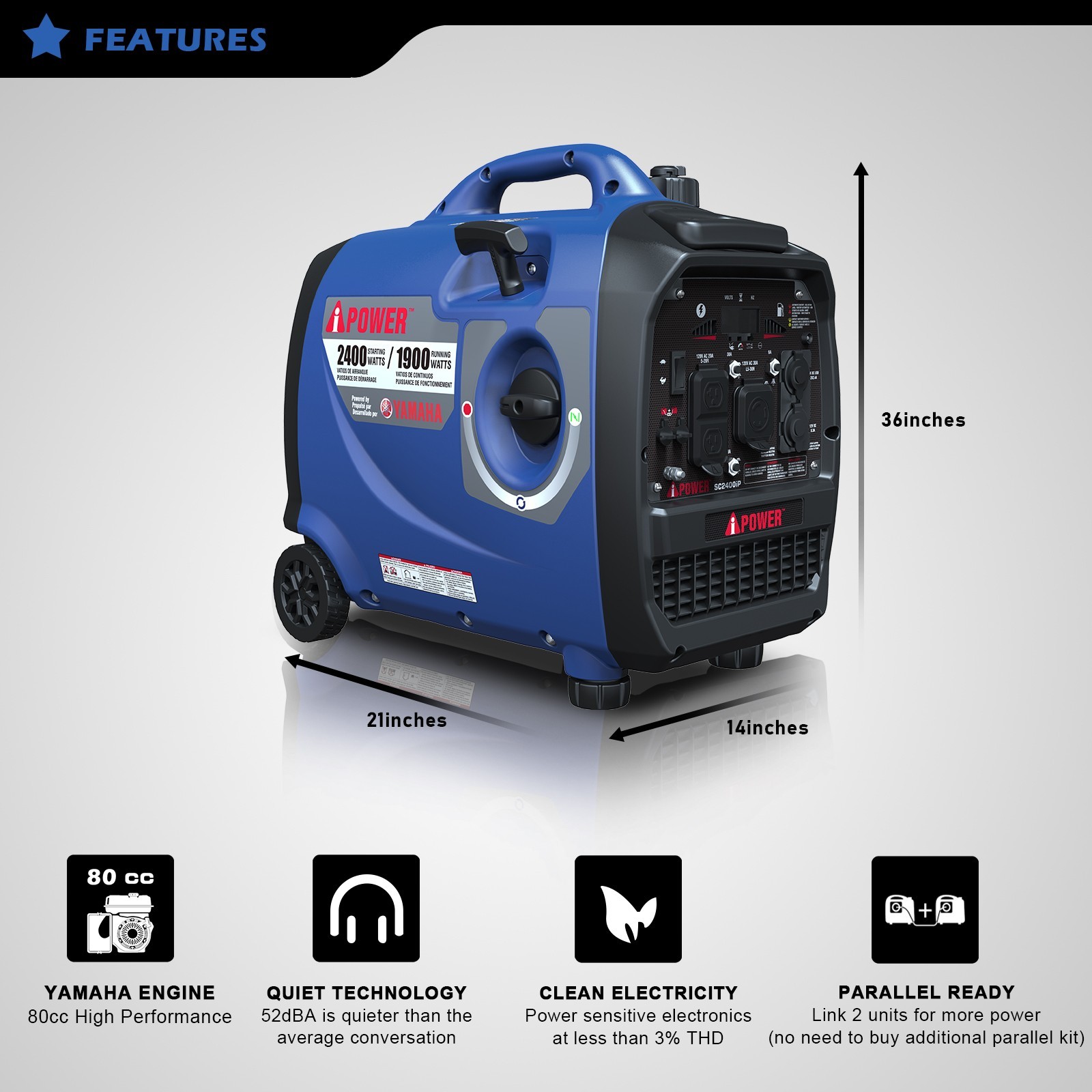 A-iPower 2400W Portable Inverter Generator Powered By Yamaha Engine, CO Sensor