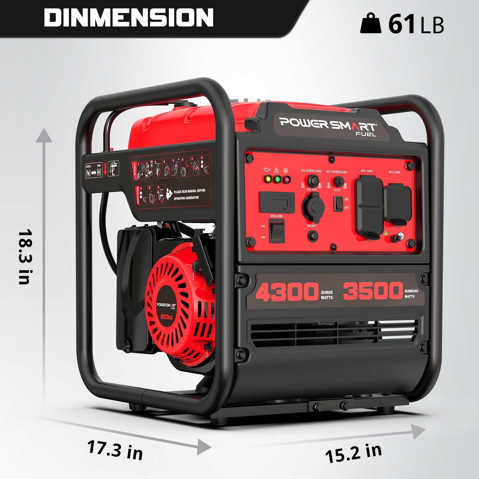 PowerSmart 4300W Inverter Gas Generator, 223cc Engine, 120V AC, 6.5H Runtime