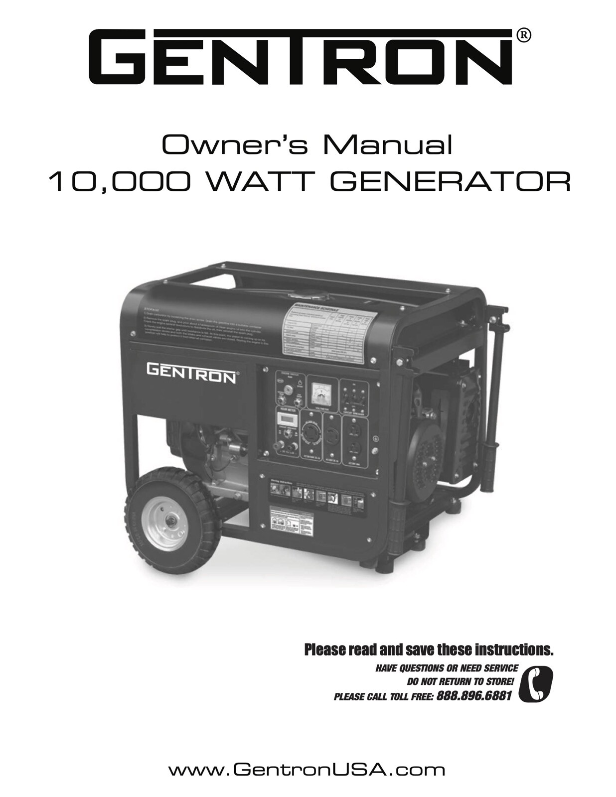 Owners Manual & Parts List Gentron 10,000-Watt Pro2 Portable Electric Generator