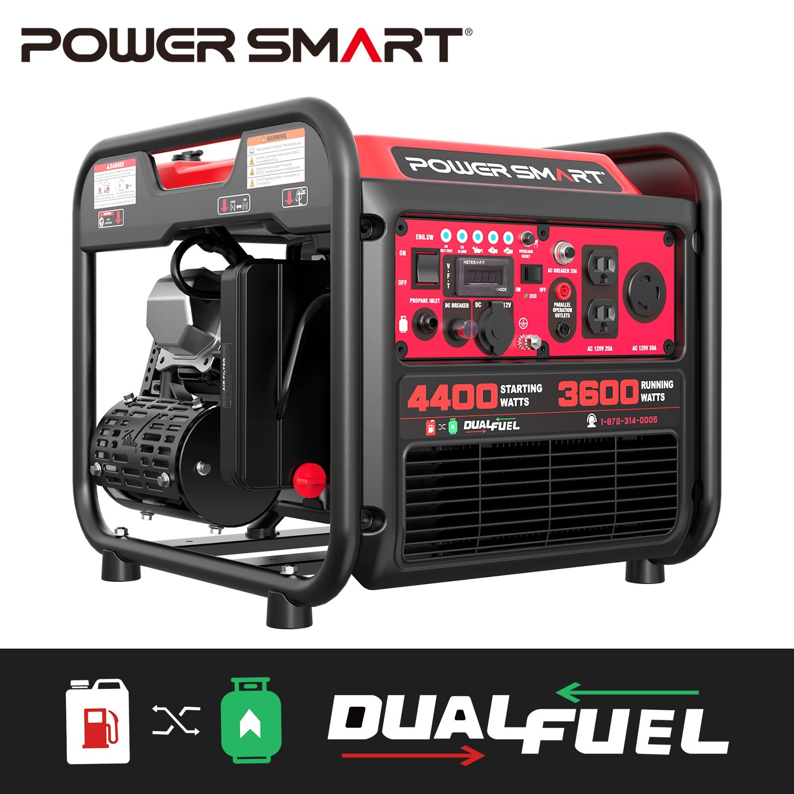PowerSmart 4400W Dual Fuel Inverter Generator, 223cc, 120VOutput, 5.1hr Runtime