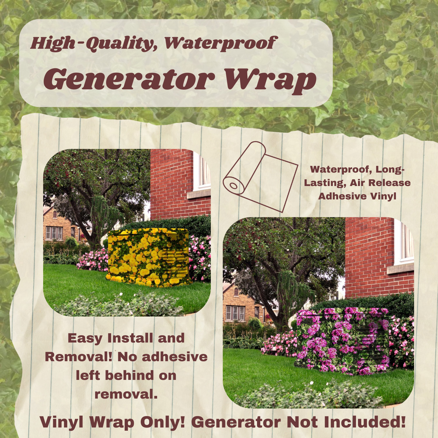 High-Quality, Waterproof, Air Release, Wrap Vinyl for Large Home Generators