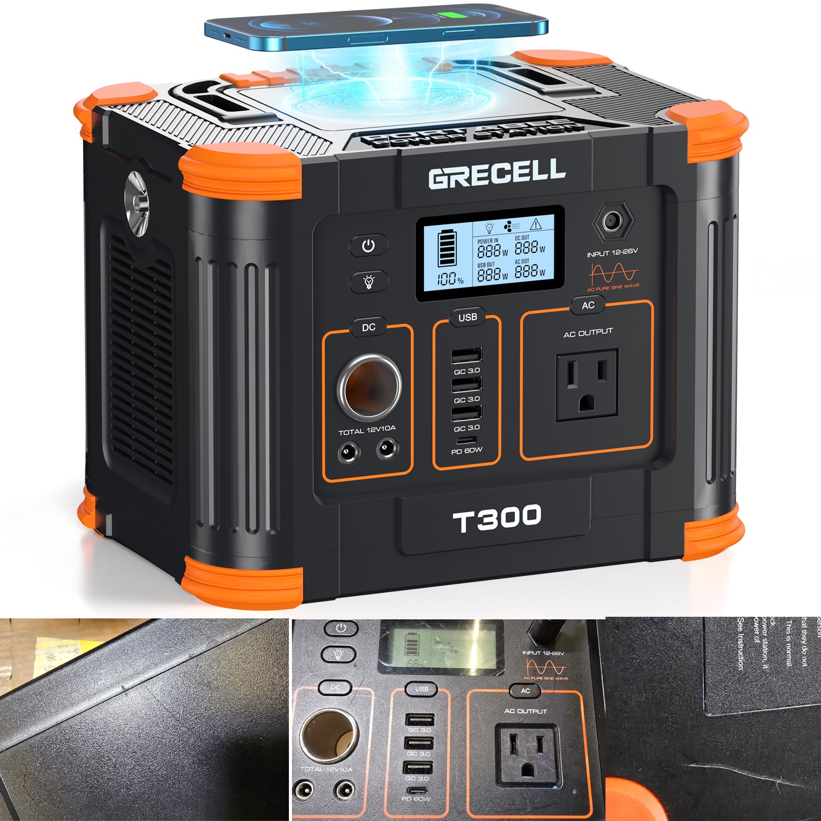 GRECELL 300W Portable Power Station 288Wh Outdoor Solar Generator USED
