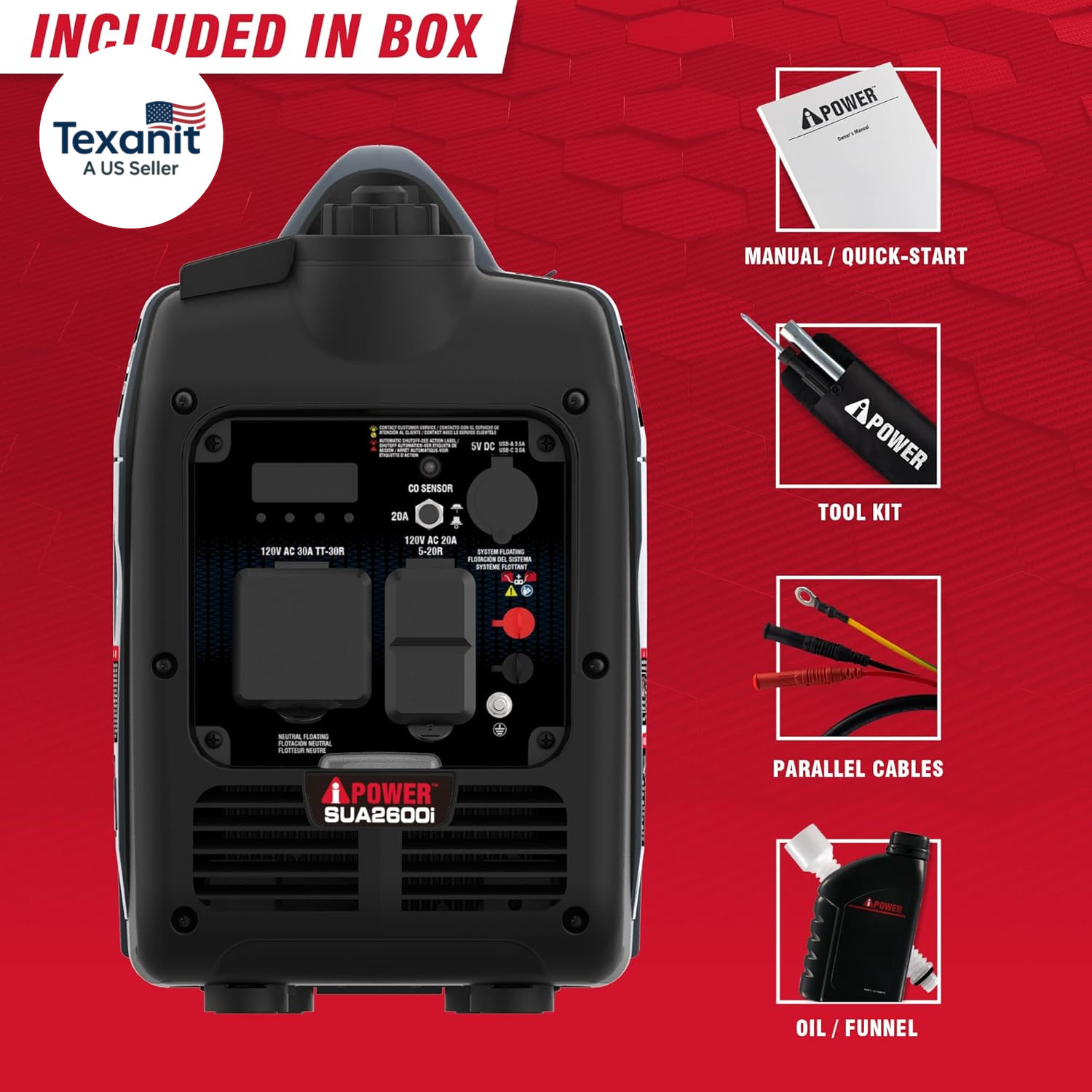 Quiet Inverter Generator, 2600W RV Ready, EPA & CARB Compliant CO Sensor, Portab
