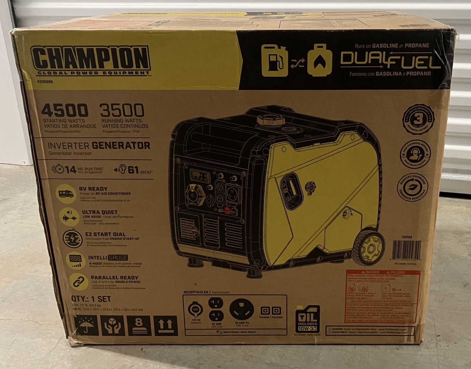 Champion 4500/3500 #200988 Dual Fuel Inverter Generator Parallel Read