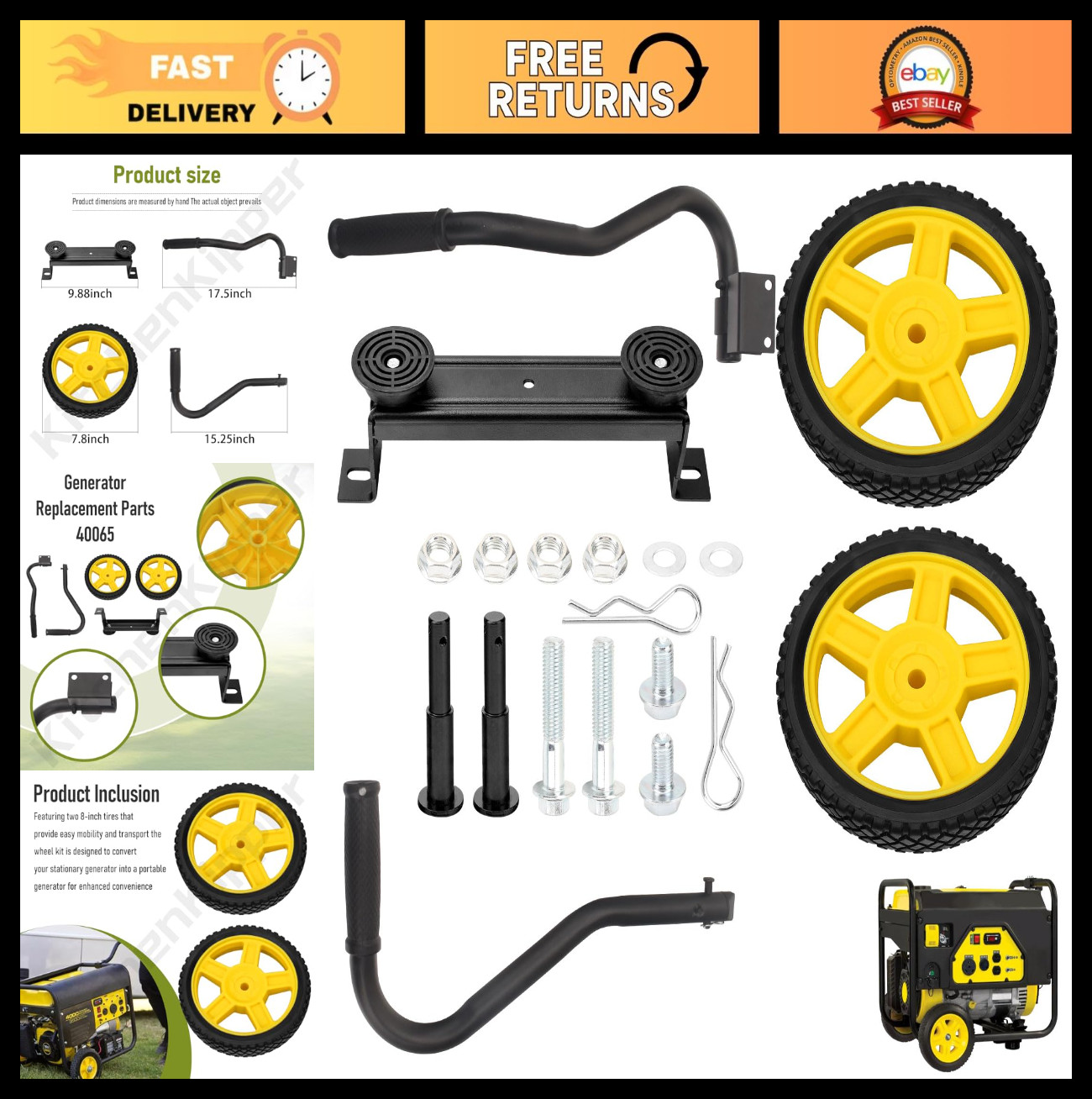 Generator Wheel Kit for 2800-4750W Generators – Folding Handle, Never-Flat Tires