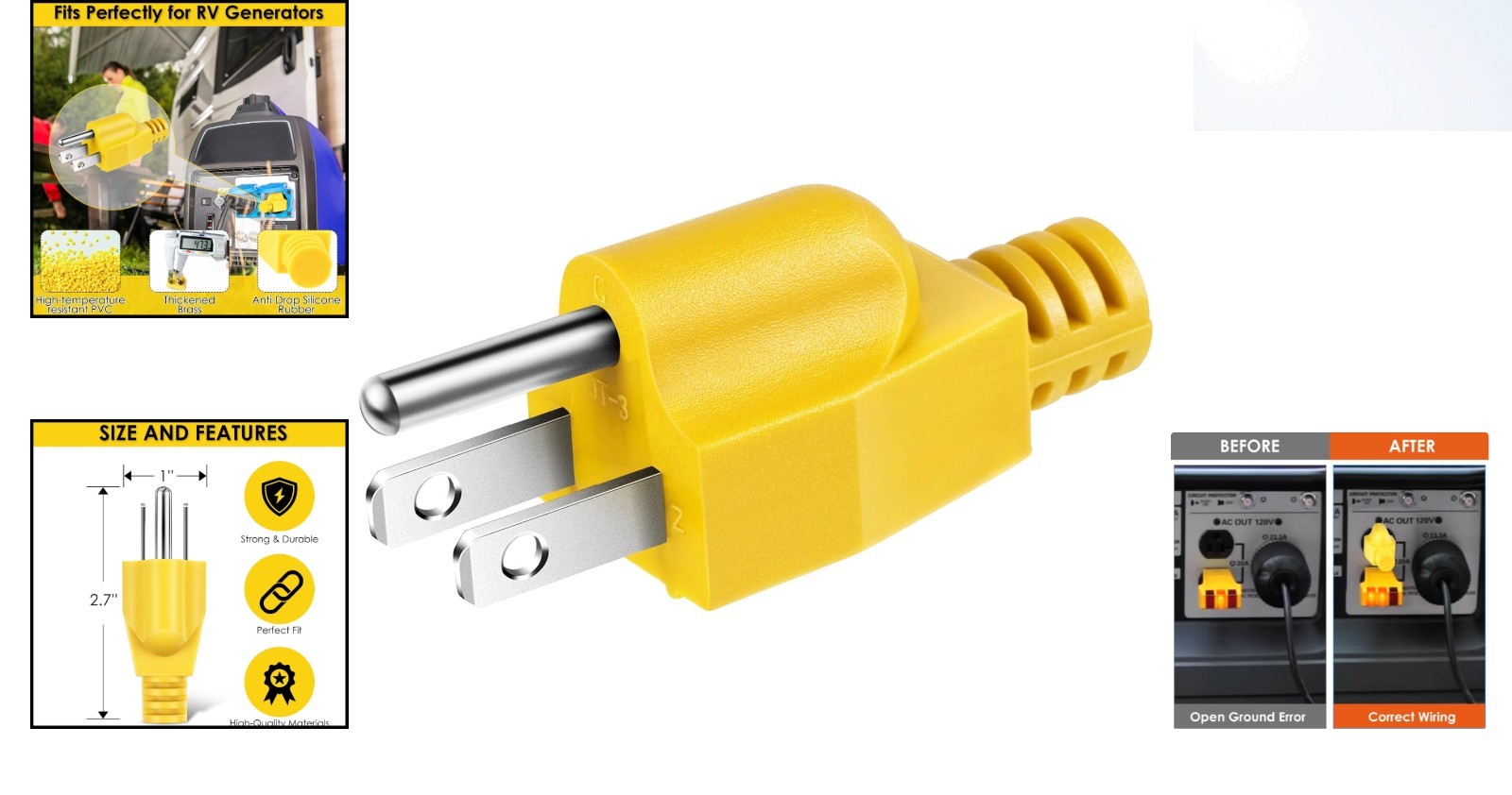 Neutral Ground Bonding Plug for RV Inverter Generators – NEMA 5-15P, 120V, Ye…