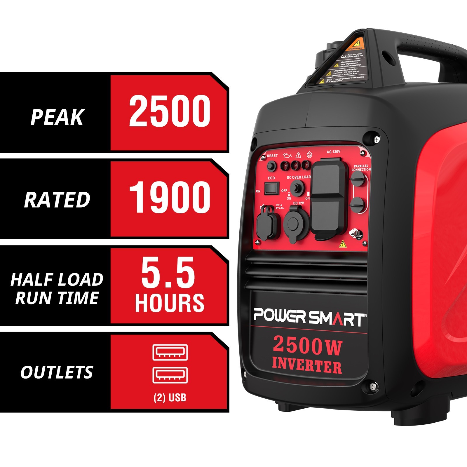 PowerSmart 2500W Inverter Gas Generator,79.8cc, 120V AC, USB Charge, Outdoor Use