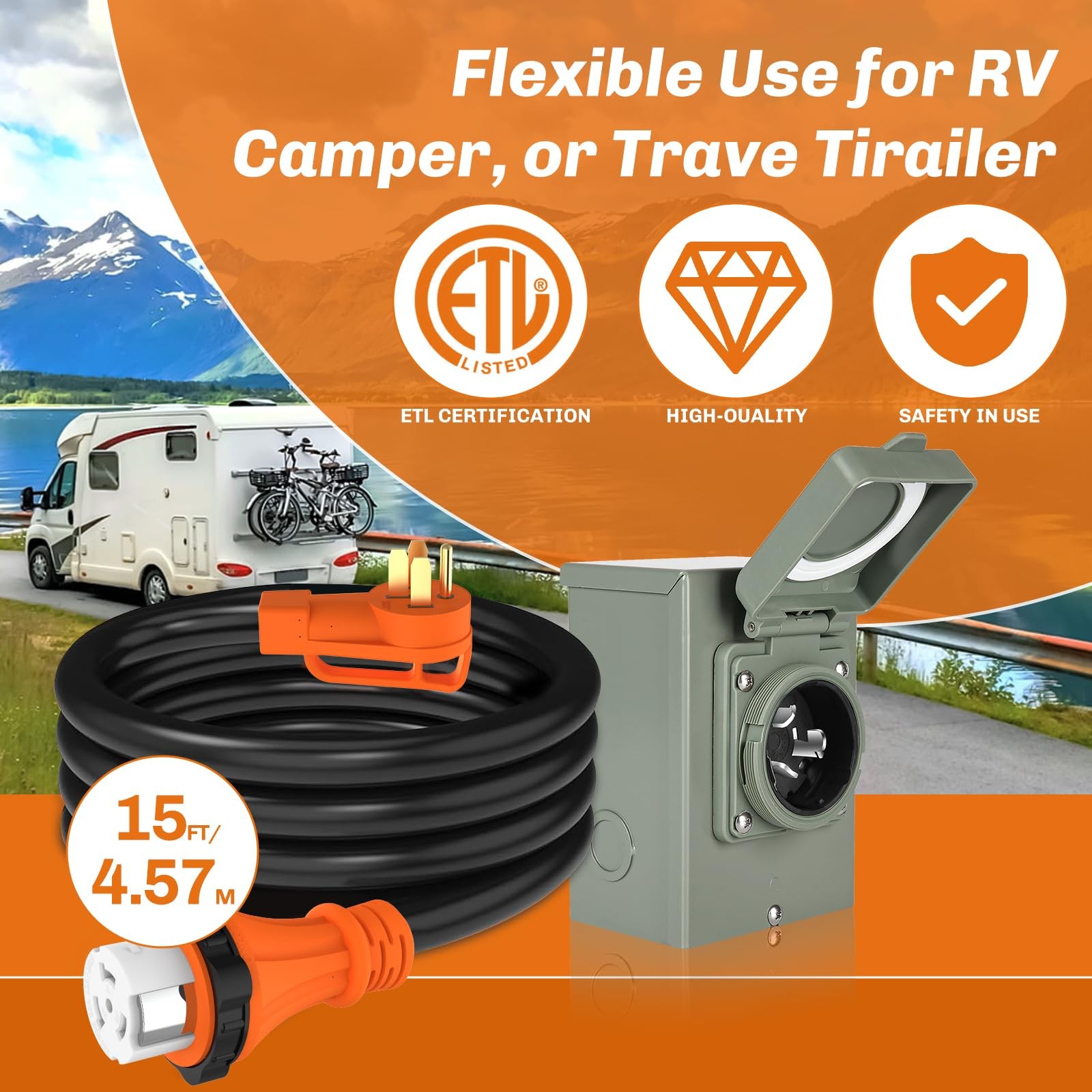 Welluck 50 Amp Emergency Power Combo Kit Ss2-50 Inlet And 15 Ft Cord Nema