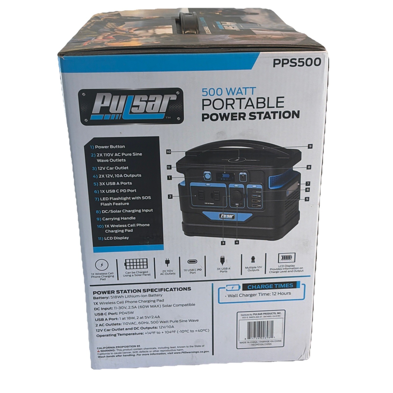 Pulsar 500 Watt Portable Power Station PPS500 Wall Or Solar Compatible Charging