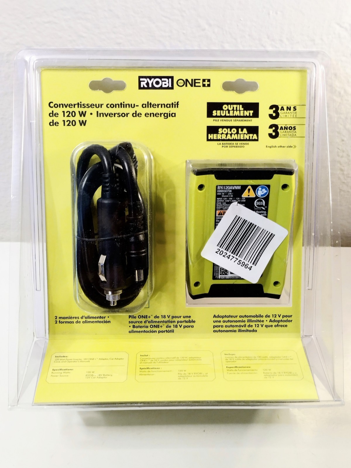Ryobi One+ 18V 120-Watt 12V Power Inverter with Dual USB Ports Tool Only