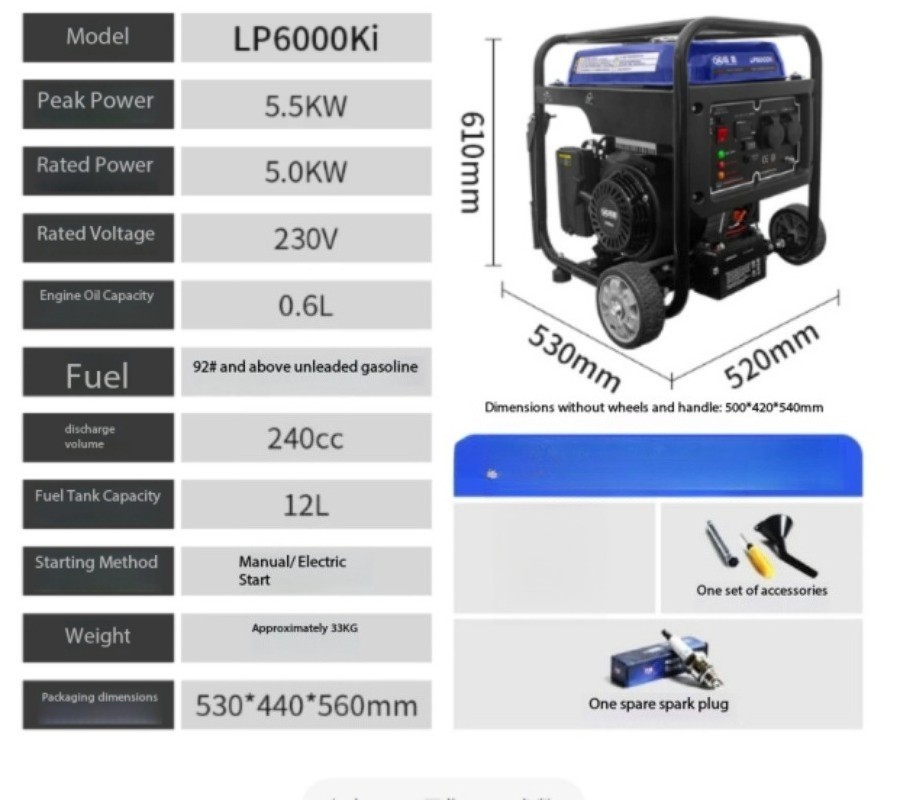 Inverter Generator, Gasoline-Powered, 220V, for Home Use, Low Noise, High Power