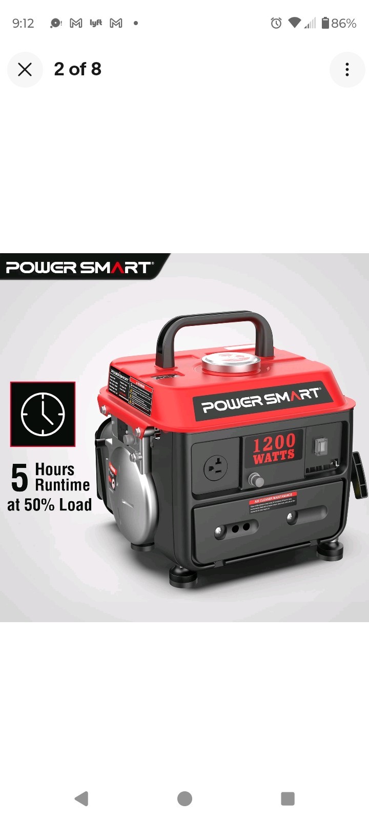 PowerSmart 1200-Watt Portable Generator Red Black 5 Hour Battery Life