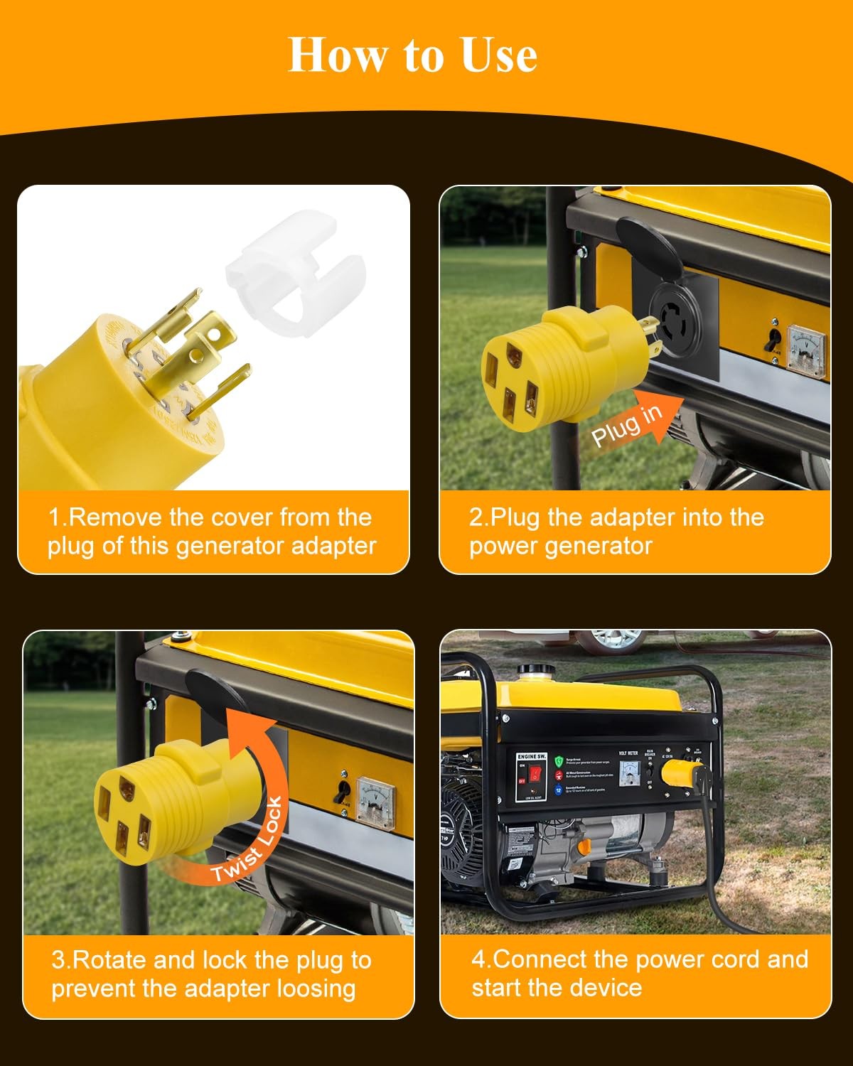 Generator Plug Adapter, 30 Amp to 50 Amp, 4 Prong Male 4 yellow