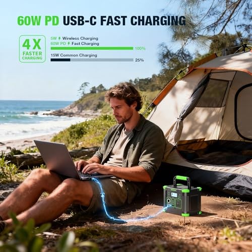 Portable Power Station 330W 288.6Wh Solar Generator with 60W USB-C PD green